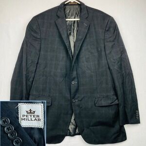 Peter Millar 44T Tall Blazer Mens Black Blue Windowpane 100% Wool Sport Coat